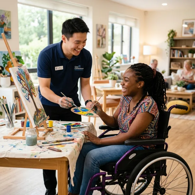 Mannelijke zorgbegeleider ondersteunt een cliënt binnen de gehandicaptenzorg