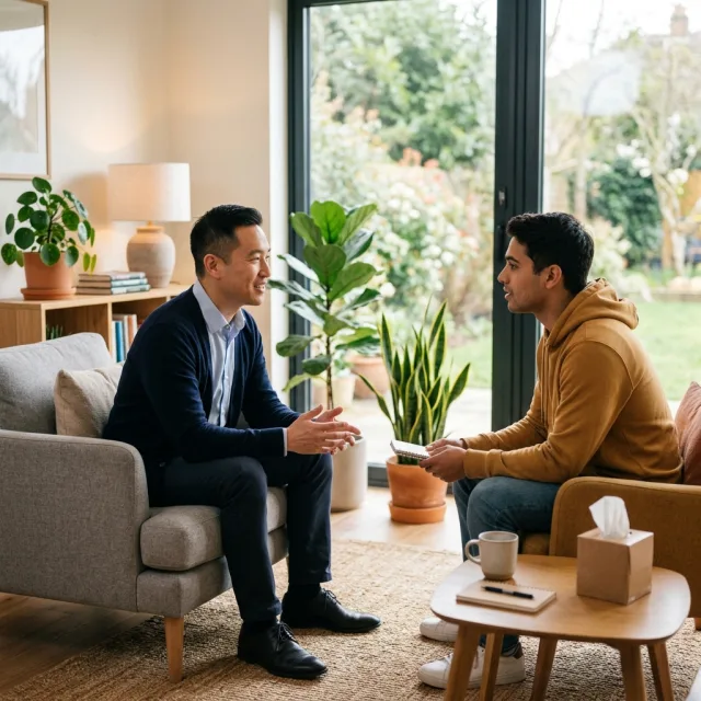 Mannelijke zorgbegeleider in gesprek met een cliënt binnen de GGZ