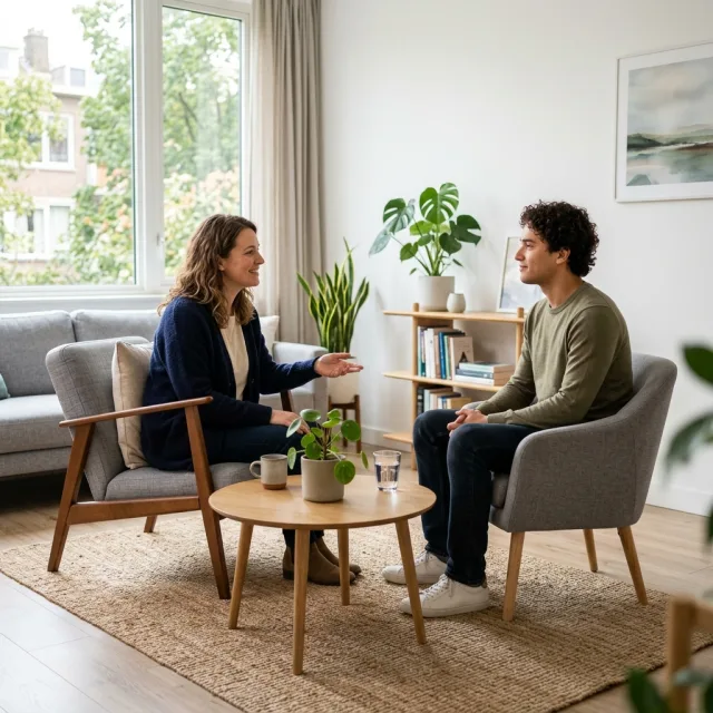 Mannelijke zorgbegeleider voert een rustig begeleidingsgesprek binnen de verslavingszorg